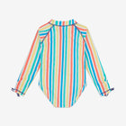 A UV Protective Long Sleeve Swimsuit Multi Stripe, with colourful vertical stripes and long sleeves, against a white backdrop.